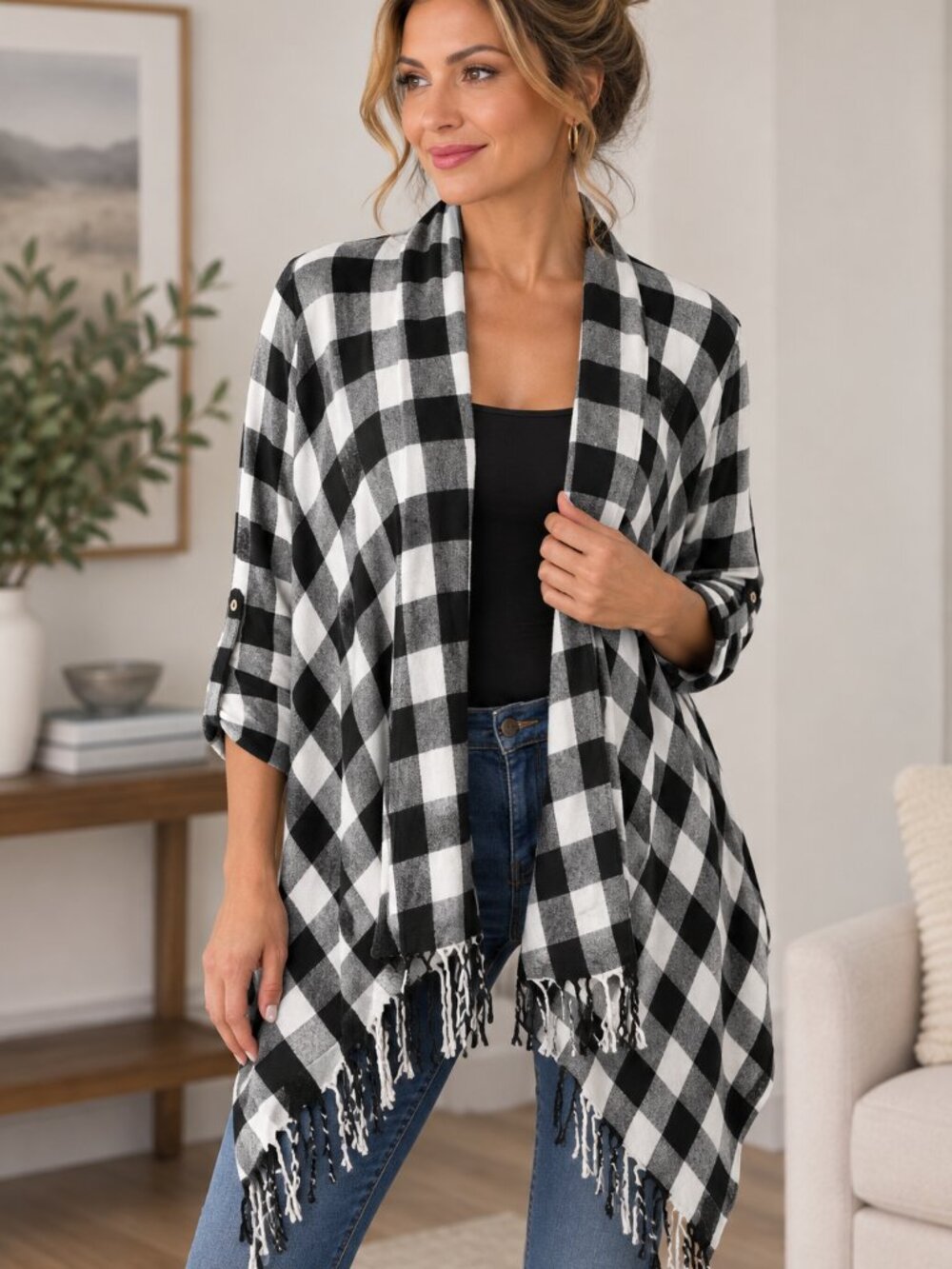 Altard State XL Black White Buffalo Plaid Fringe Open Cardigan Boho Western